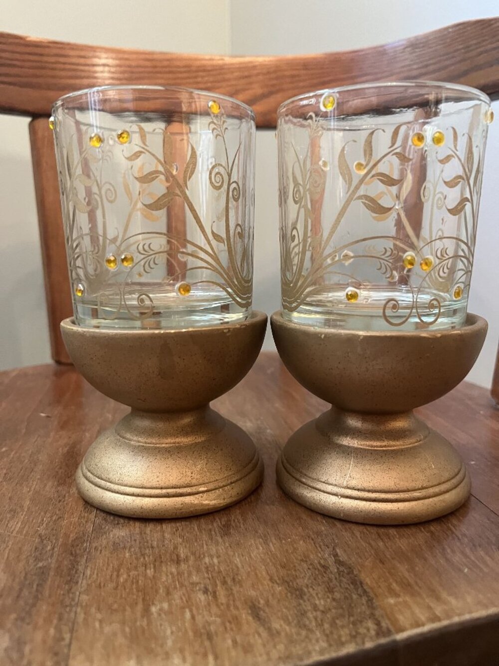 Pair Of Vintage Glass Candle Holders With Gold Scroll Design & Rhinestone Accent